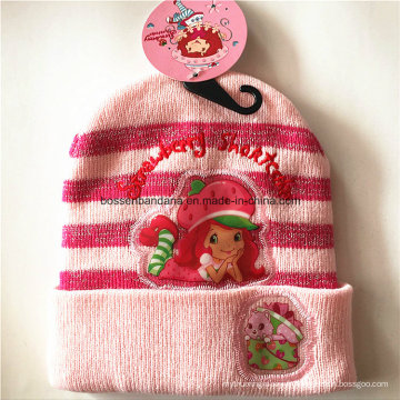 OEM Produce Personnalisé Cartoon Pink Applique Knit Acrylic Children Beanie Hat